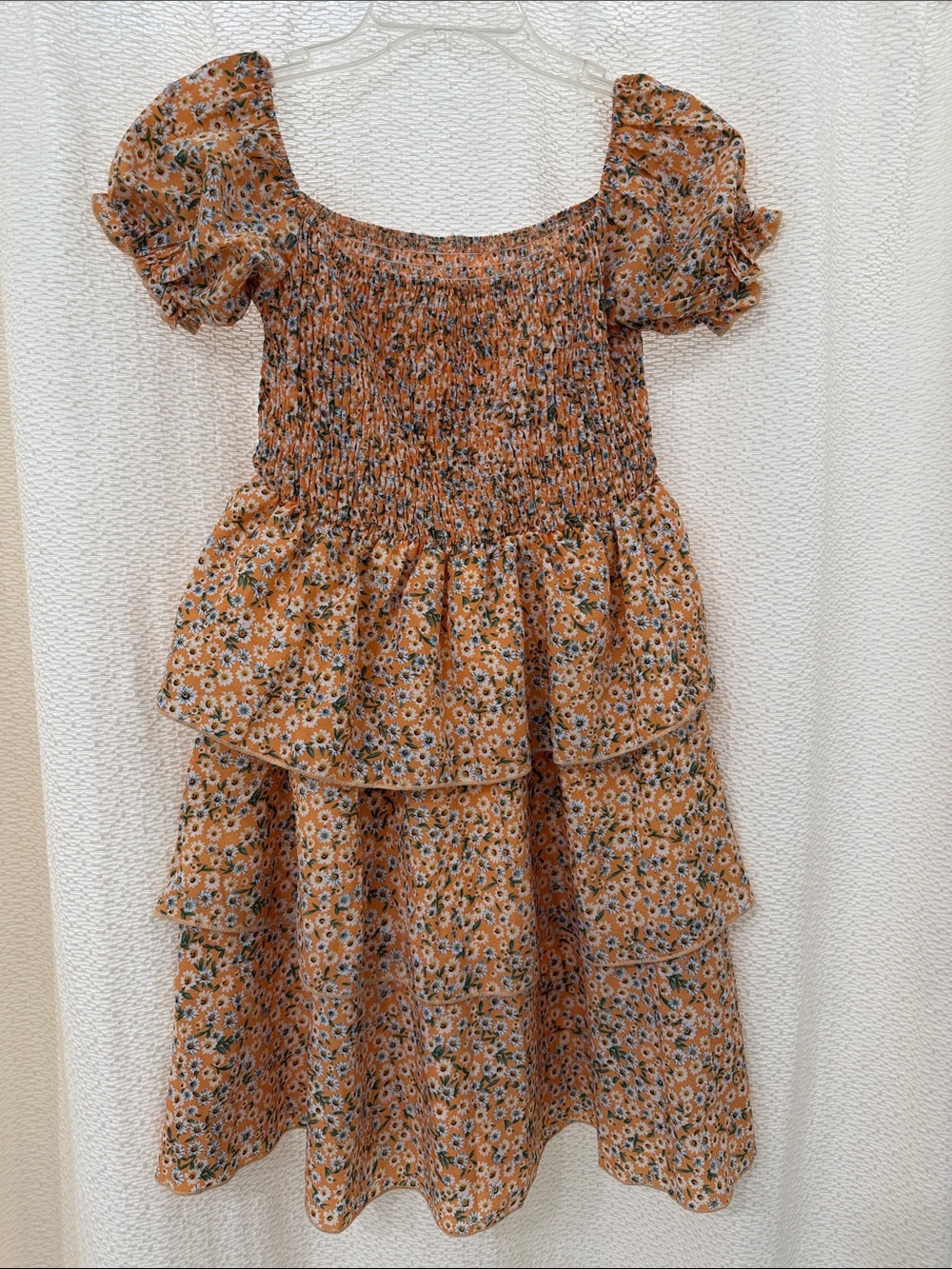 Girls' Smocked Tiered Floral Dress in Peach with Green & Blue